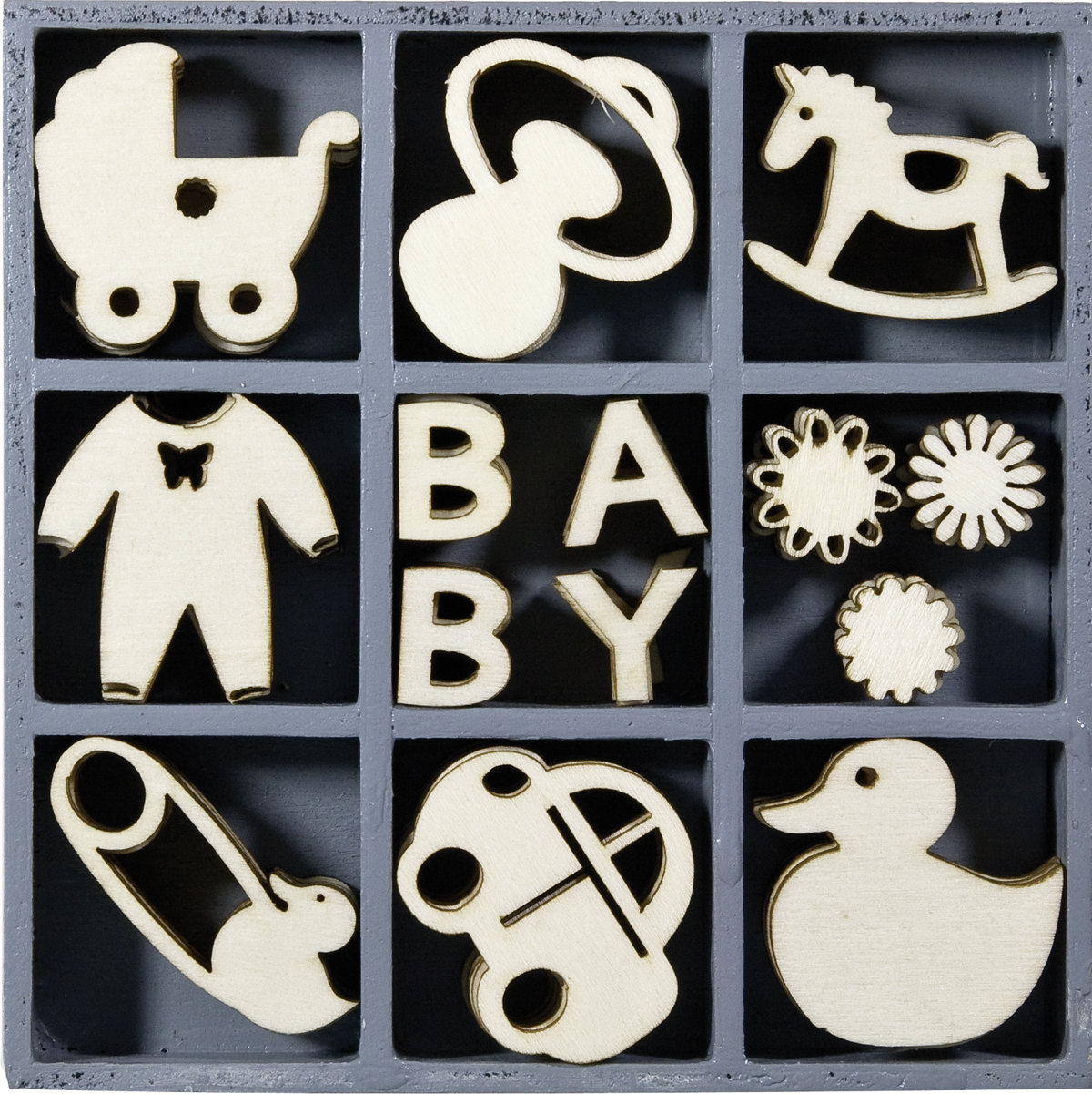 Houten ornamentendoos met babymotief 10,5x10,5cm 45 Stk